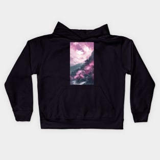 Serene Japanese Temple in Cherry Pink Mountains - Watercolor Painting Kids Hoodie